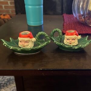 Set of 2 vintage ceramic MCM Holly and Santa candleholder!